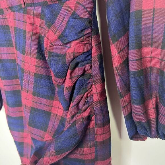 Lovers + Friends Liliana Burgundy Blue Plaid Long-sleeve Mini Dress - Picture 7 of 11